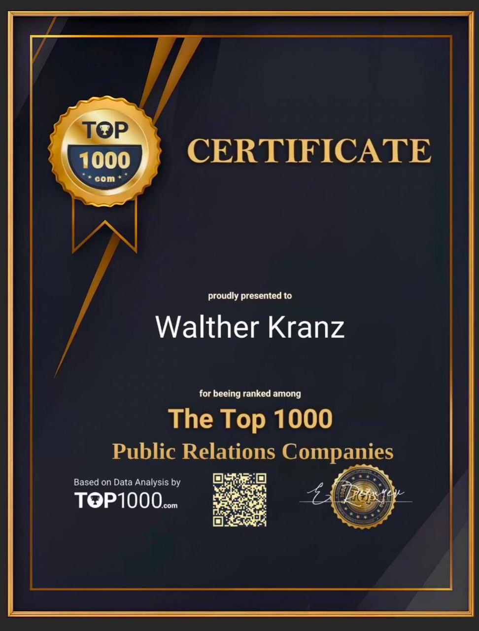 Walther Kranz Ranked #329 Among the World’s Top 1000 PR Companies